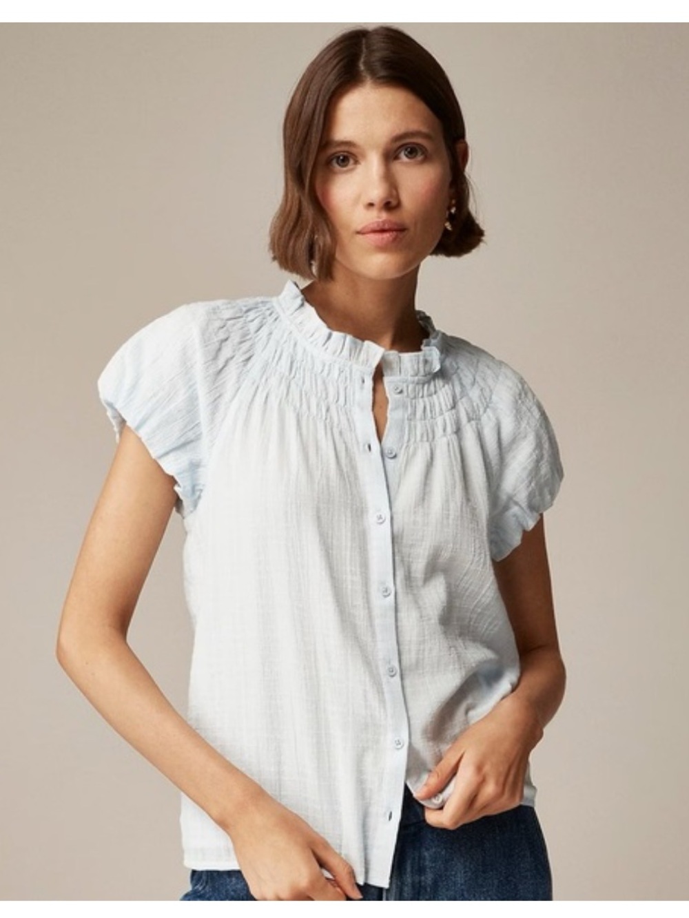 J. Crew Light Blue Smocked Neck Button-Front Top Women’s 2X Textured Gauze